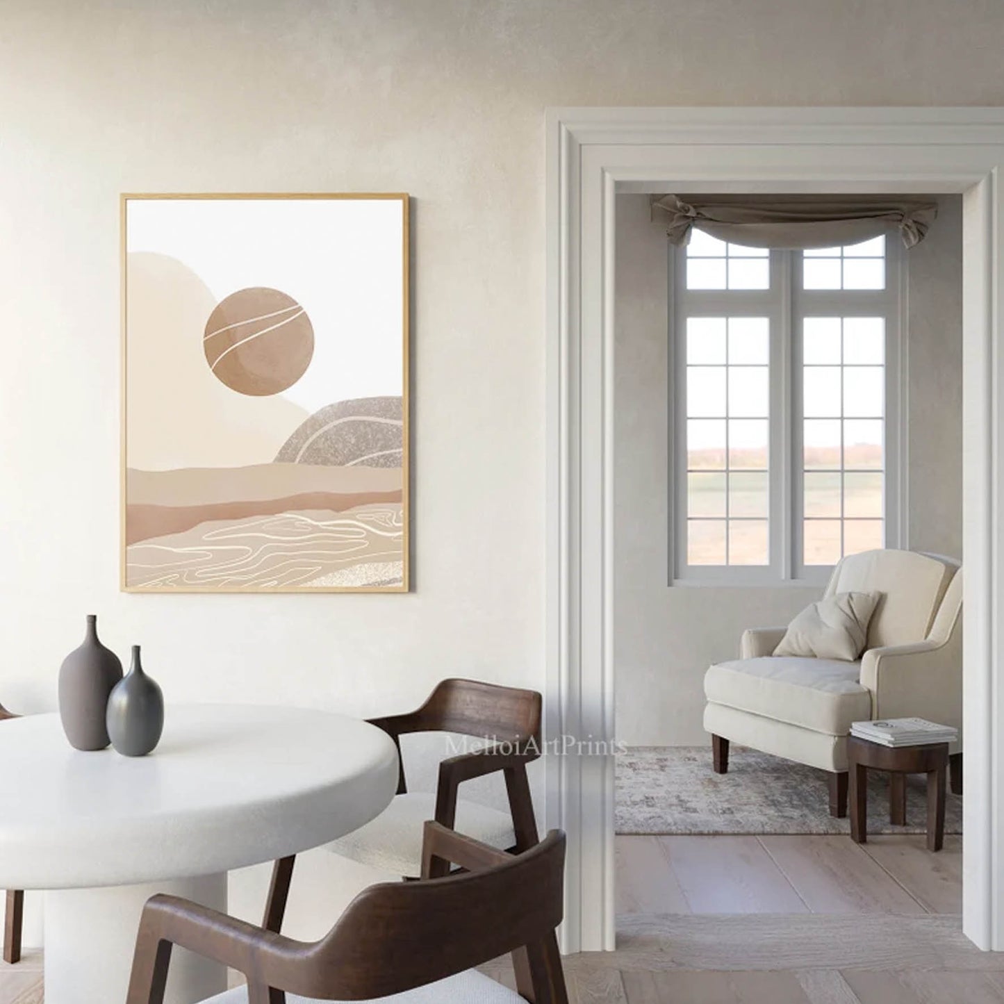 Pintura abstracta del sol, Arte marrón beige 18