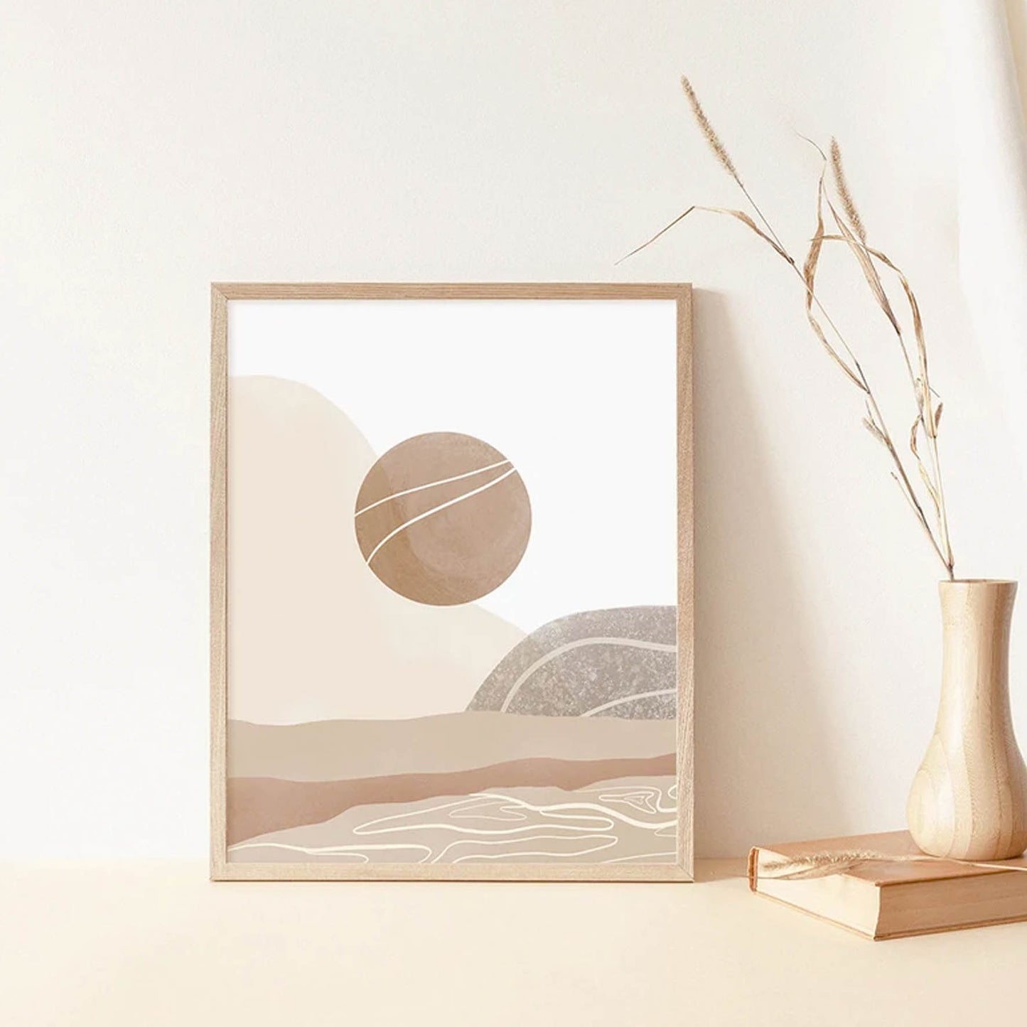 Pintura abstracta del sol, Arte marrón beige 18