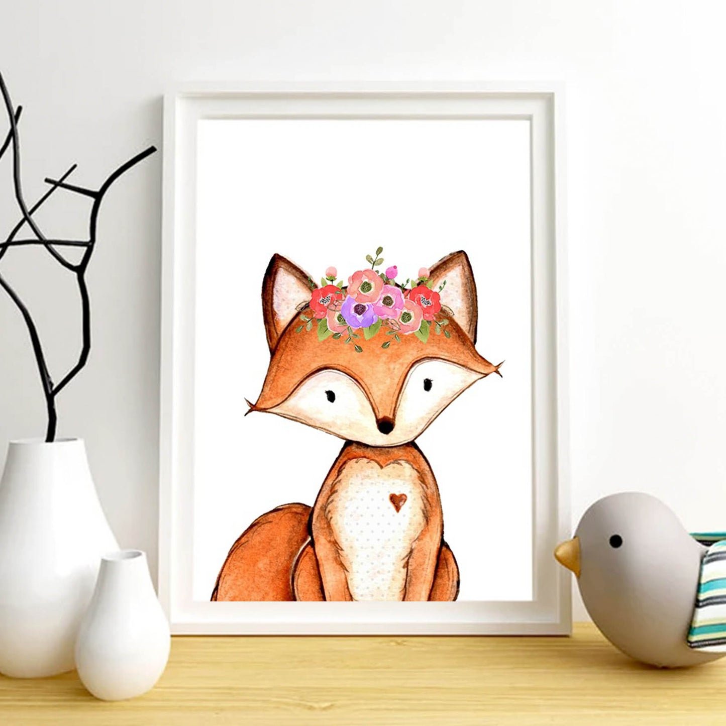 Acuarela Animales Flores Zorro, decoración 228