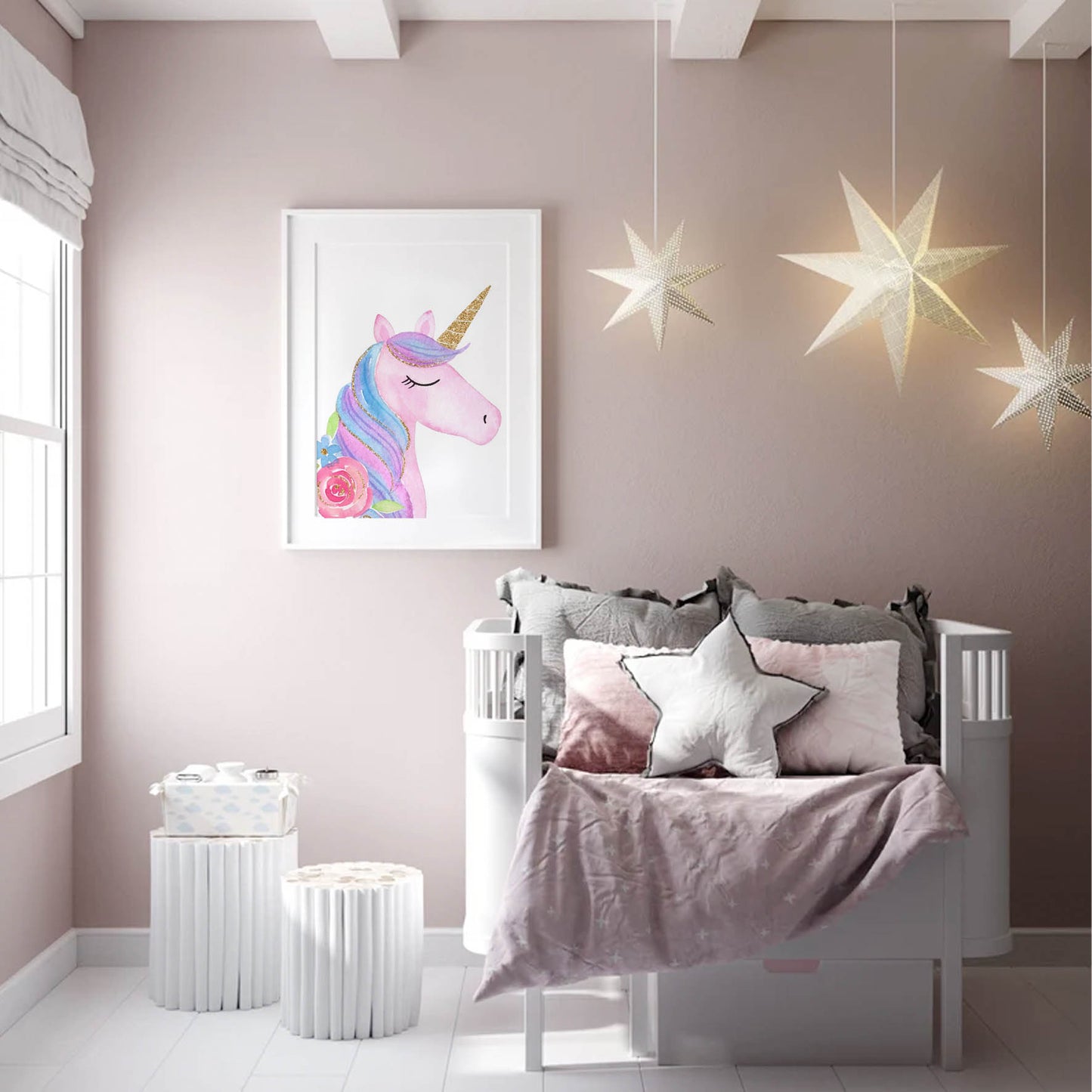 Acuarela Unicornio rosa Flores, Colores decoración 235