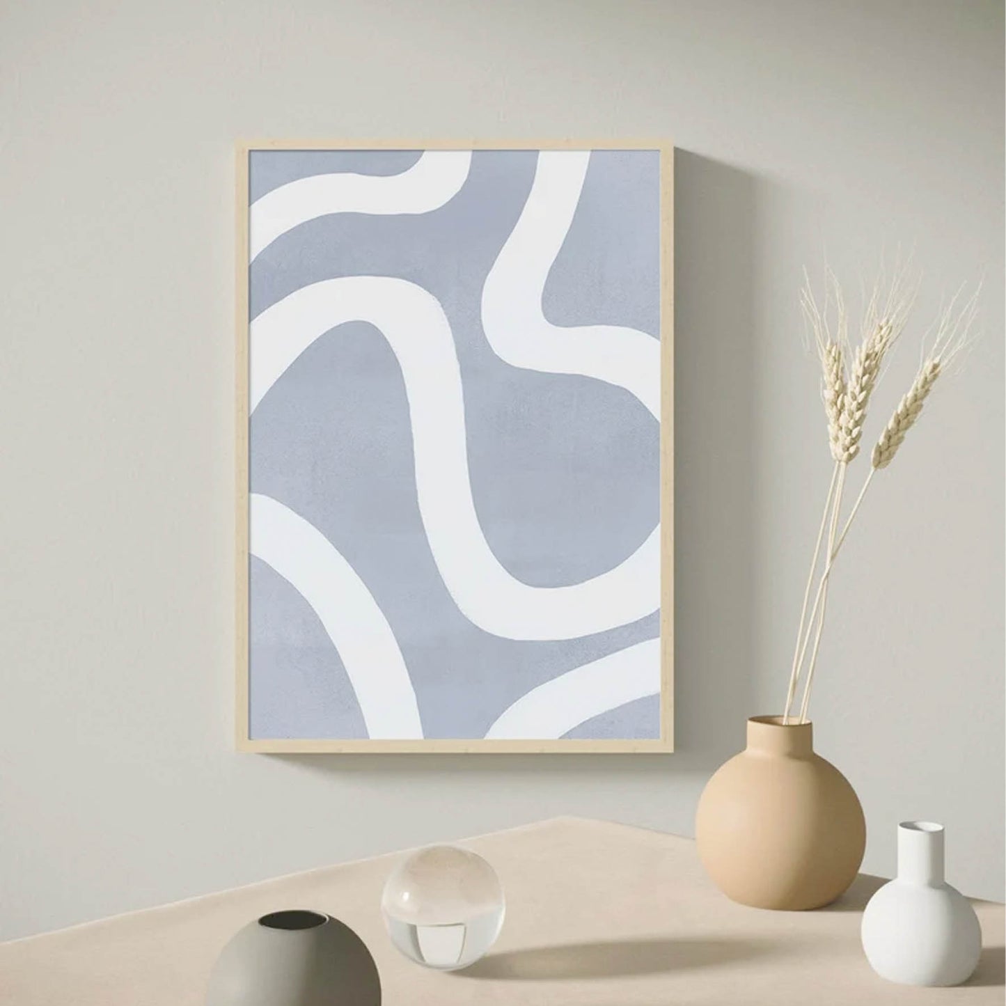 Pintura abstracta lineas azul, Arte marrón beige 31