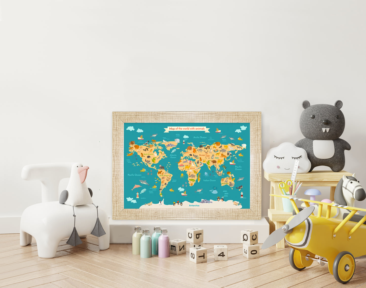 Cuadro mapa de animales en el mundo Decoración Cuarto Niños/niñas