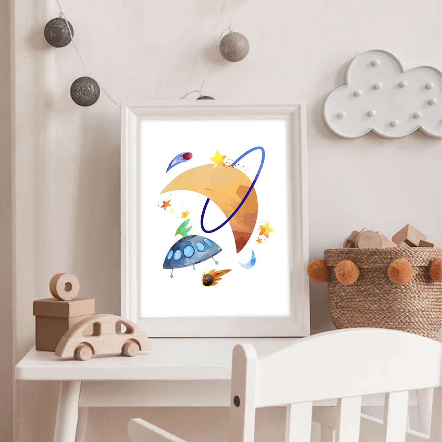 acuarela espacio luna y ovni, decoración 308