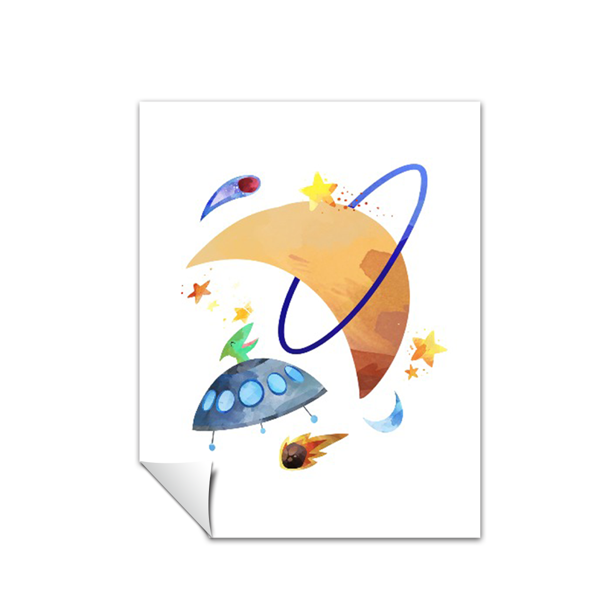 acuarela espacio luna y ovni, decoración 308
