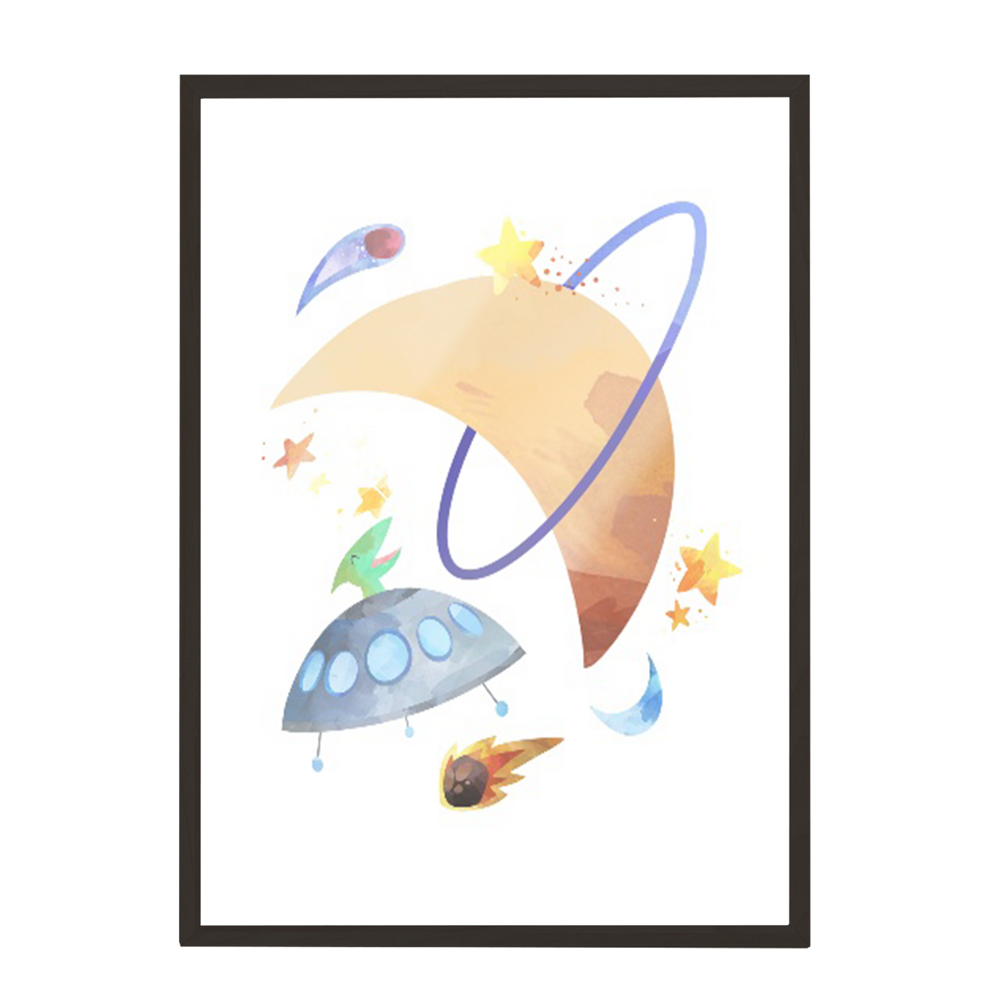 acuarela espacio luna y ovni, decoración 308