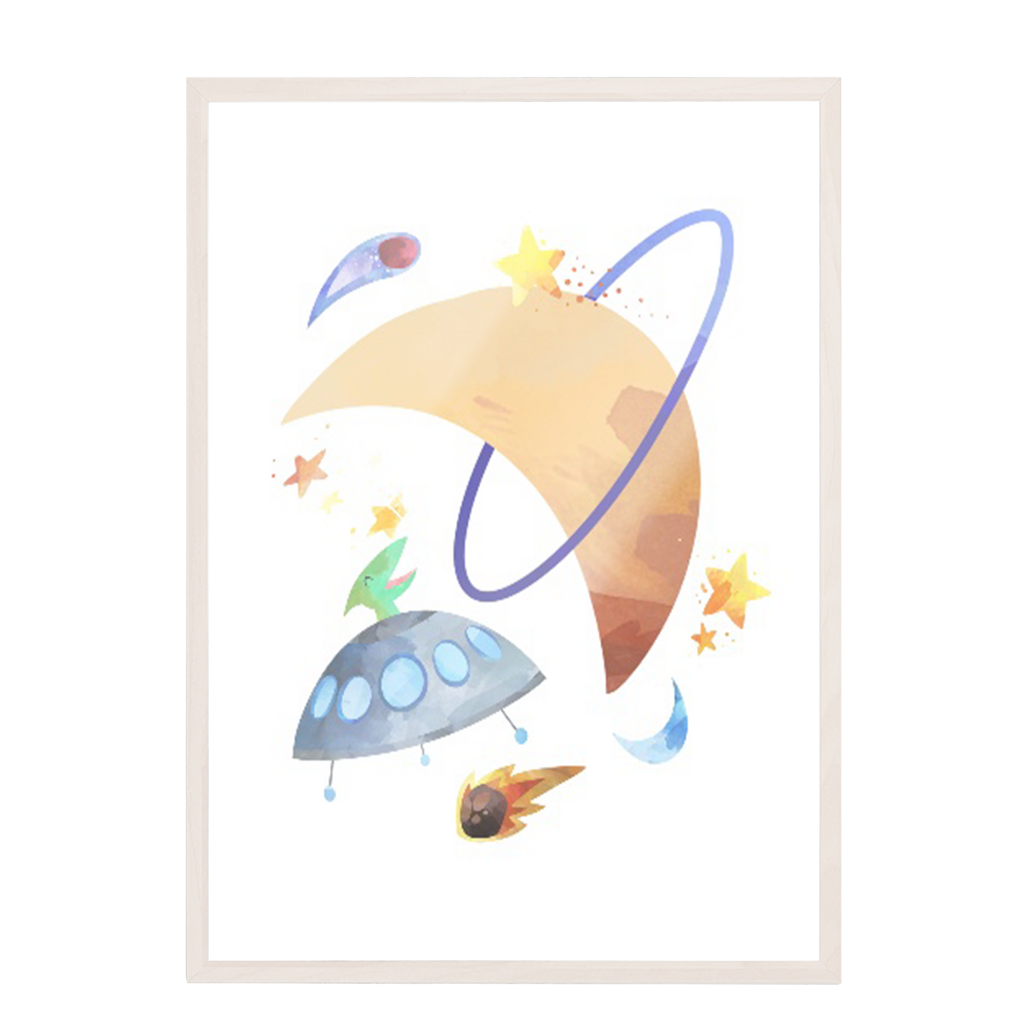 acuarela espacio luna y ovni, decoración 308