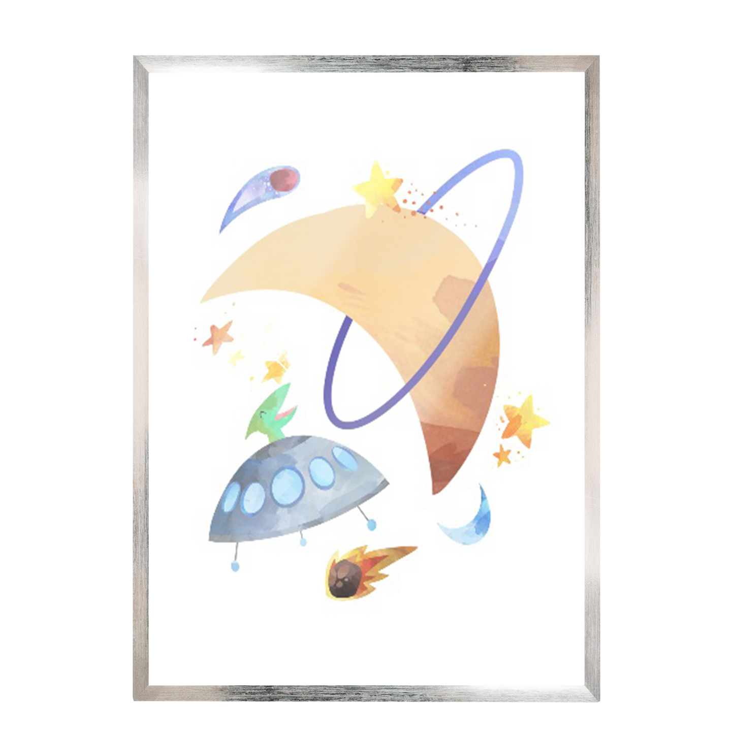 acuarela espacio luna y ovni, decoración 308